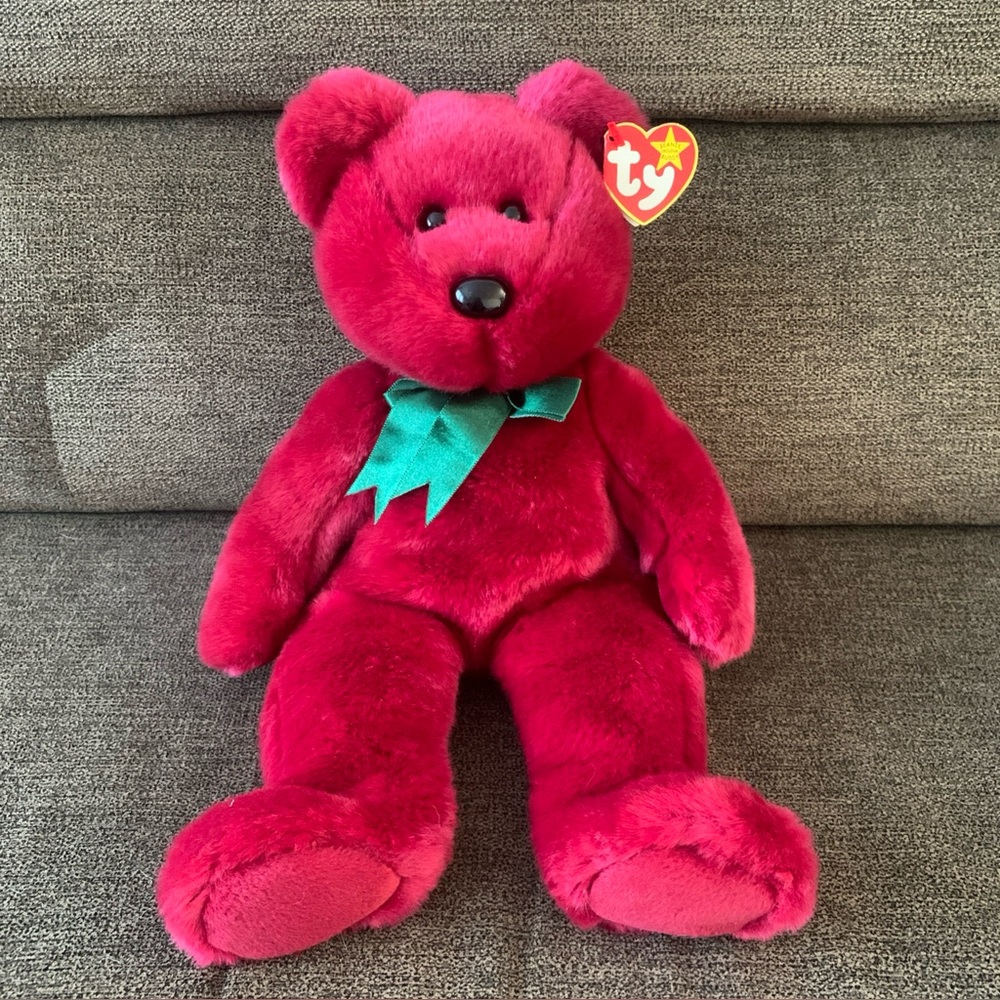 TY Beanie Buddy 1998 Teddy the Cranberry Bear Green Satin Bow - MWMT CLEAN 14”